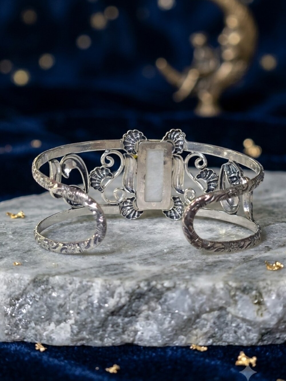 925 Sterling Silver Rainbow Moonstone Filigree Cuff Bracelet Iridescent Bohemian - Picture 8 of 15